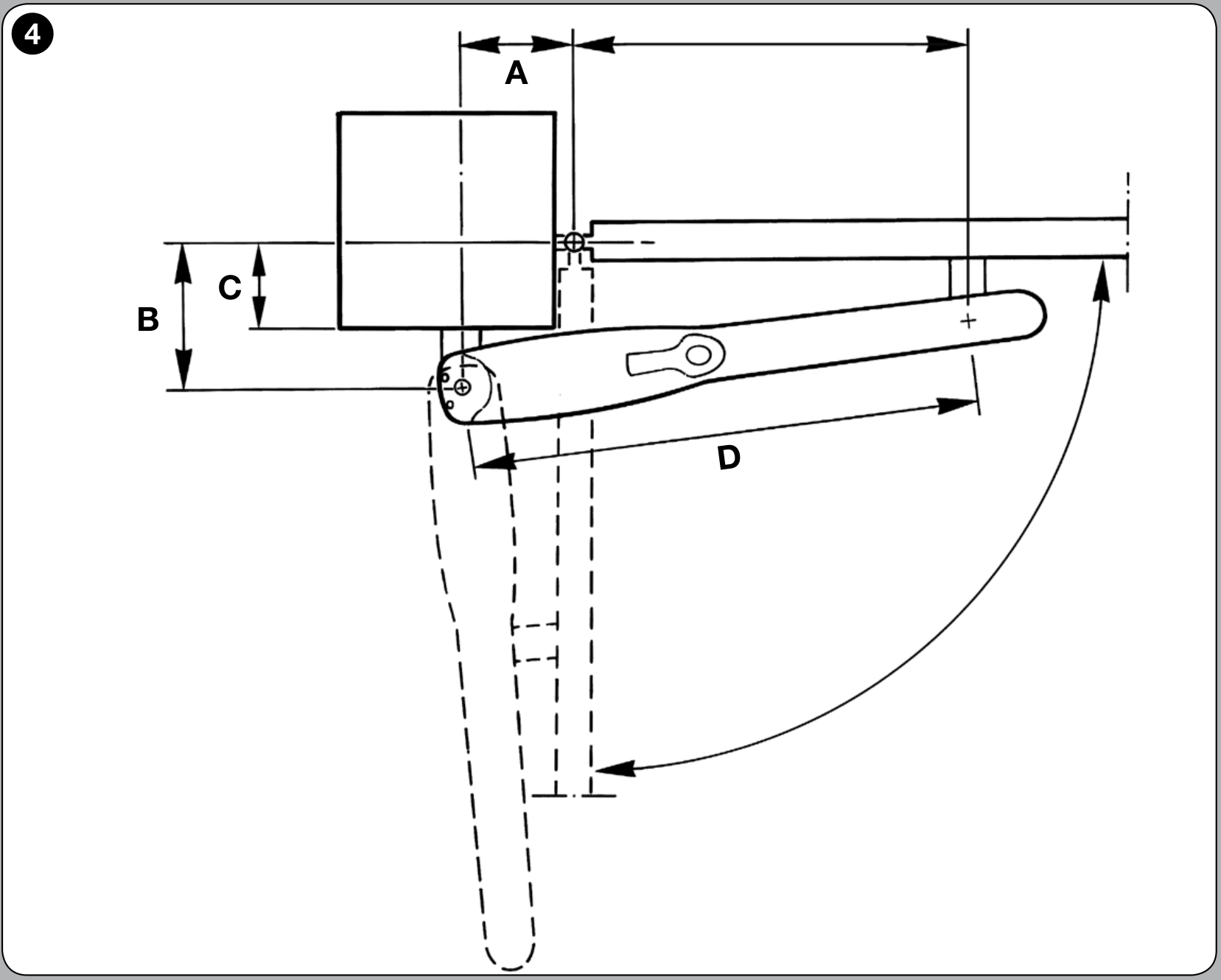 Planul original NICE Wingo, cu axa balamalei, bolțurile motorului și cotele A, B, C și D.