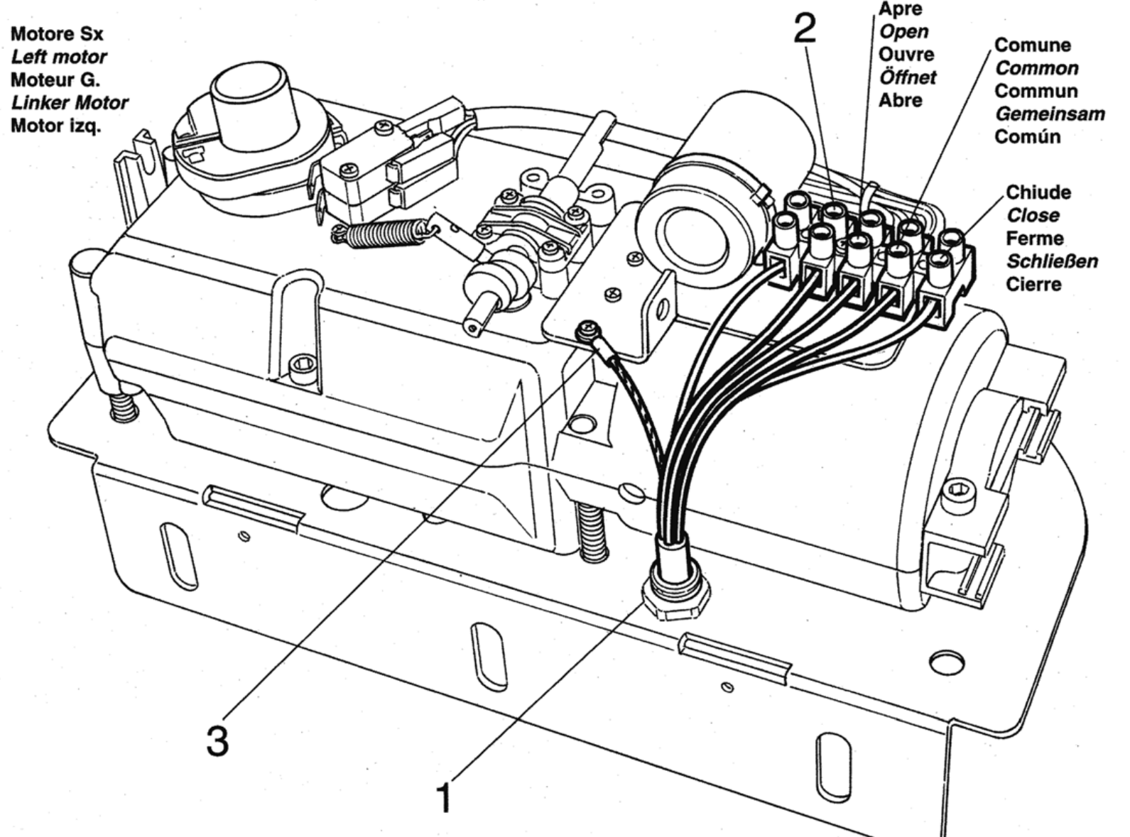 HY7100 – blocul de borne al motorului de 230 V din stânga, Open, Common, Close și PE HY7100 – blocul de borne al motorului de 230 V din stânga, Open, Common, Close și PE