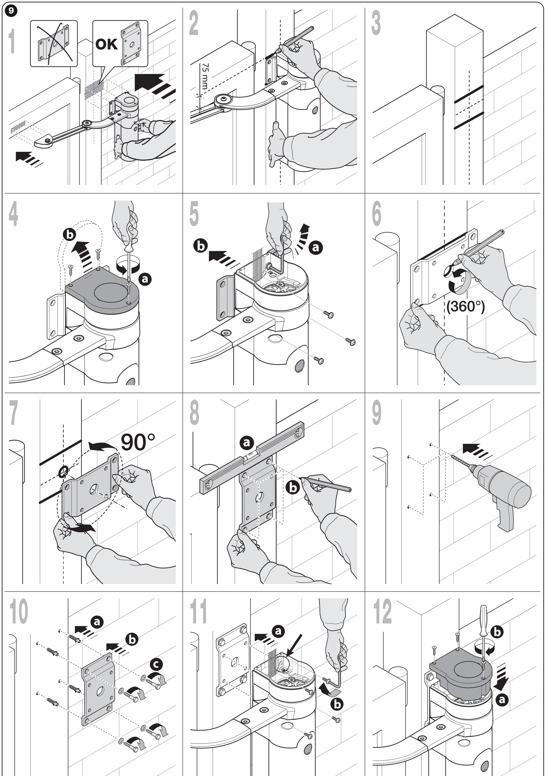 WALKY pe un stâlp cu lățimea de 80–135 mm: rotirea suportului posterior la 90°