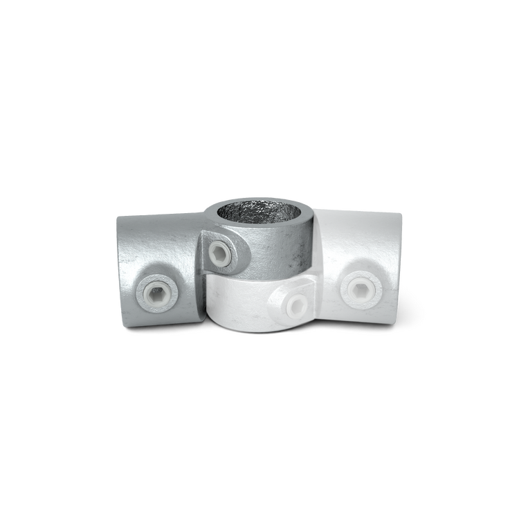 Conector articulat reglabil zincat pentru țeavă de 42,4 mm, în formă de T.