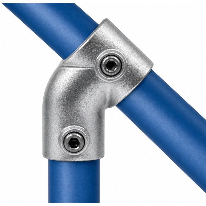Conector galvanizat pentru țevi de 48,3 mm, în formă de T îngust, la un unghi de 45°
