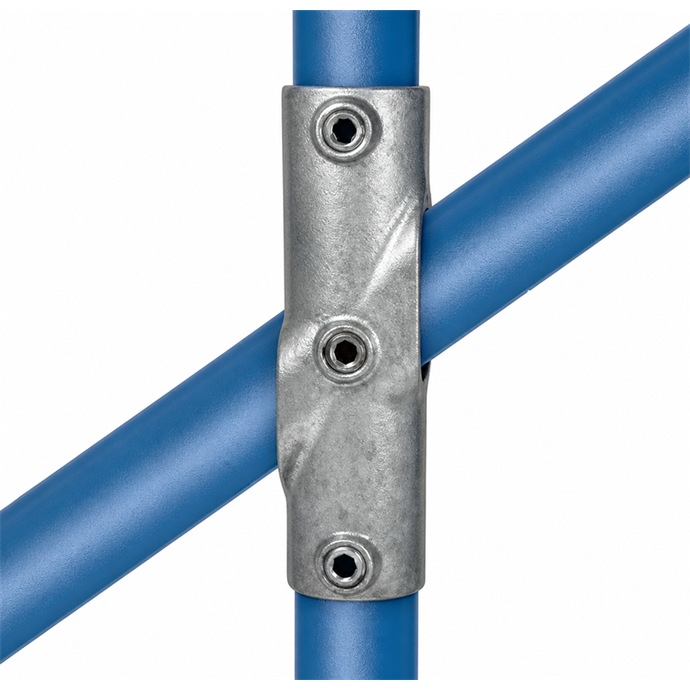 Conector unghiular variabil galvanizat pentru țevi de 48,3 mm, formă în cruce, unghi de 30°- 45°