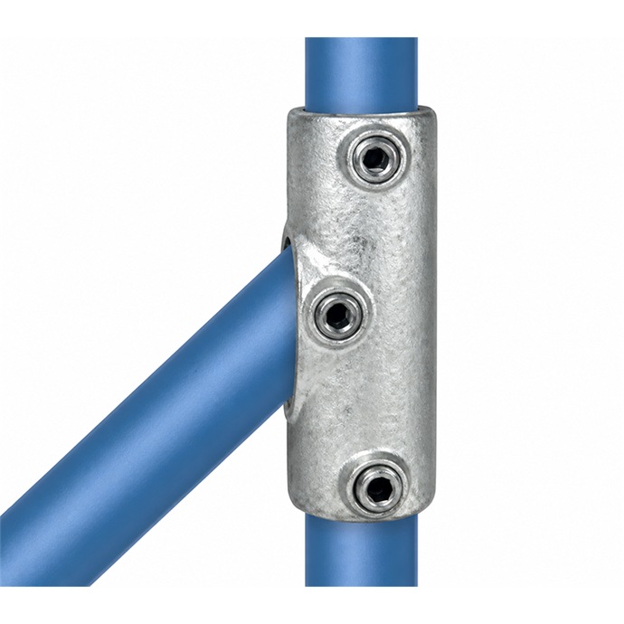 Conector unghiular galvanizat pentru țevi de 48,3 mm, în formă de T, unghi de 30°–45°