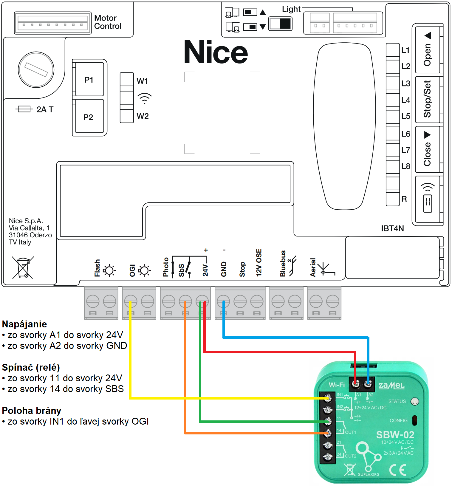 Schema de conectare a modulului Wi-Fi Zamel la motorul NICE Robus RBS cu unitatea de comandă MCU1